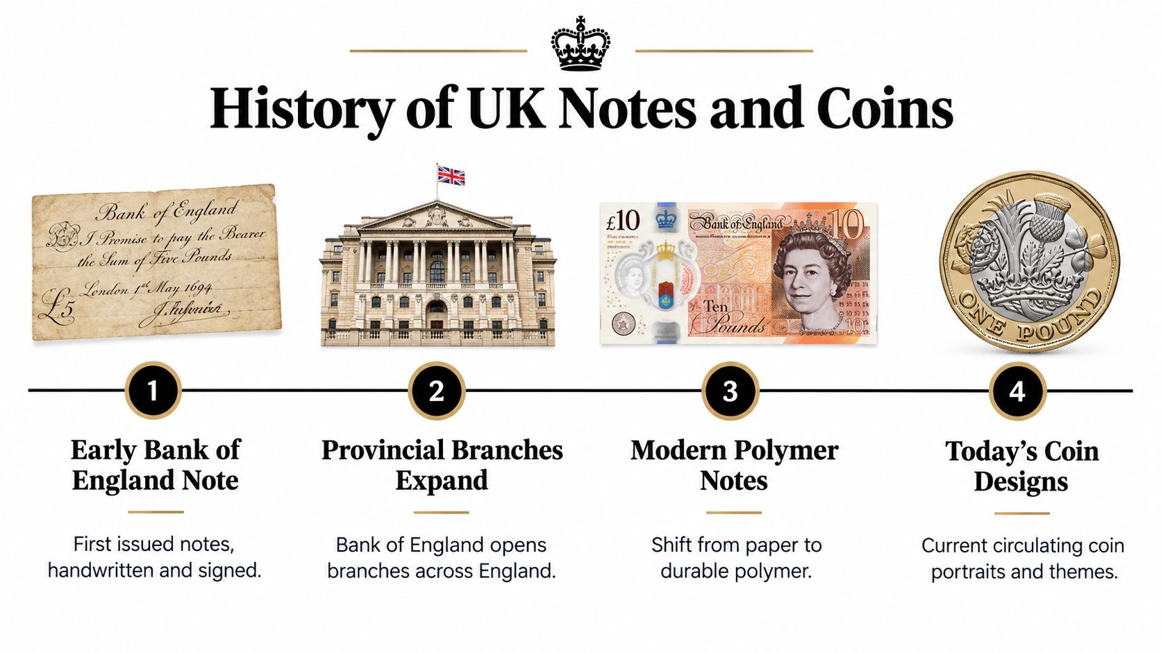A timeline graphic showing the history of UK money, from early handwritten bank notes to modern polymer currency.