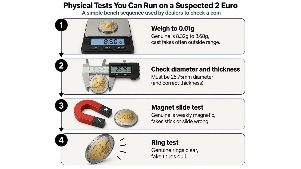An infographic showing four physical tests for identifying counterfeit two euro coins including weight, measurements, magnets, and sound.