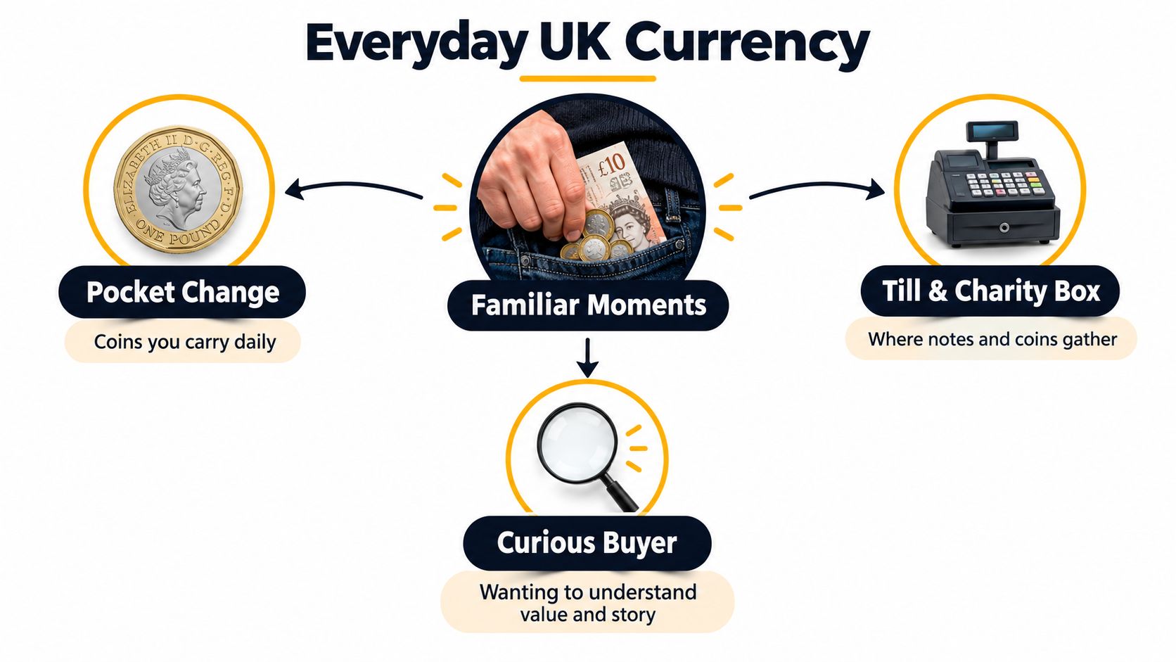 A diagram illustrating everyday UK currency, showing pocket change, familiar spending moments, and the perspective of curious buyers.