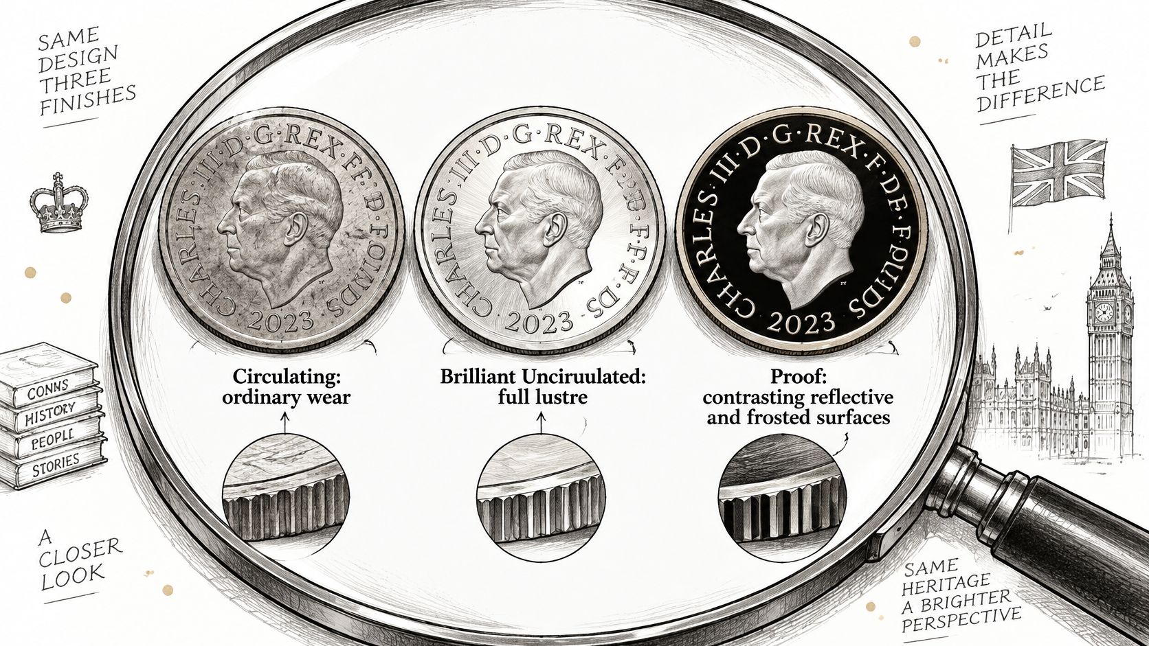 A magnifying glass showing three versions of a King Charles III coin with different surface finishes.