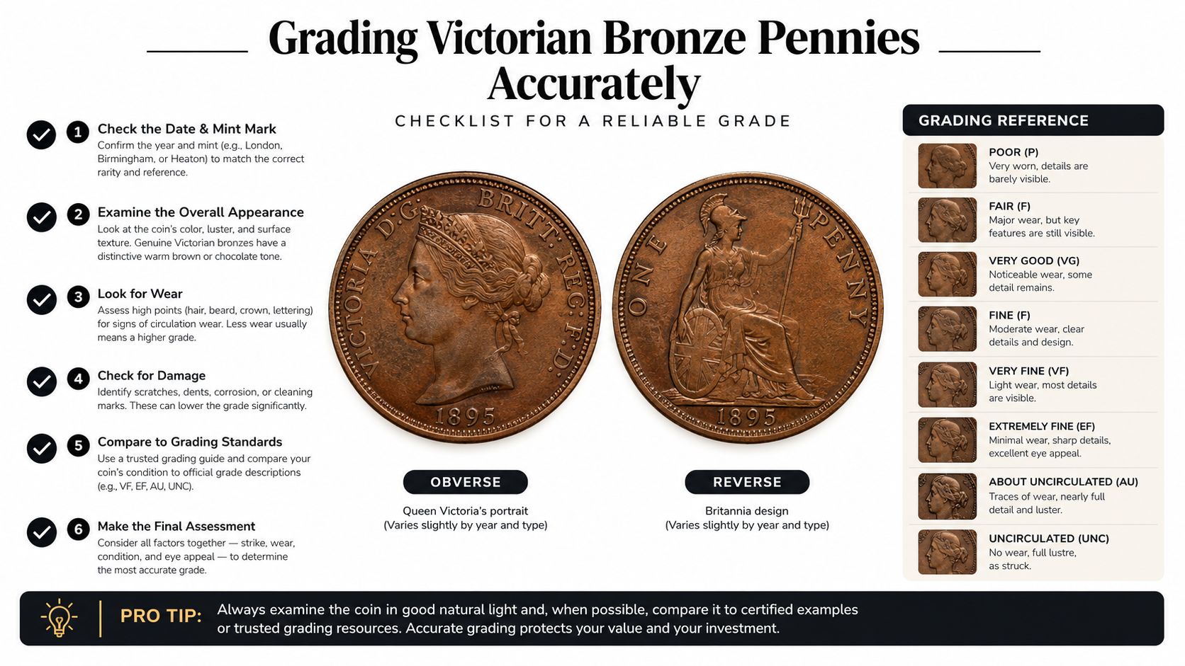 An educational infographic guide showing how to grade Victorian bronze pennies with a checklist and reference images.