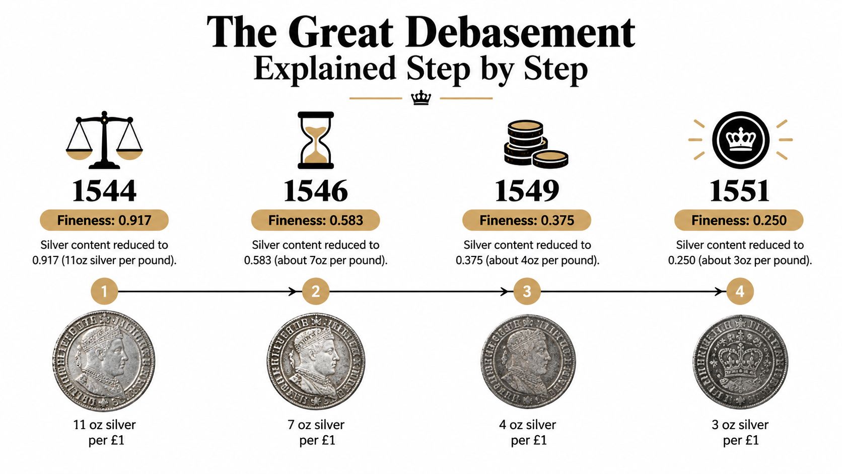 A timeline graphic showing the Great Debasement of silver coins under King Henry VIII between 1544 and 1551.