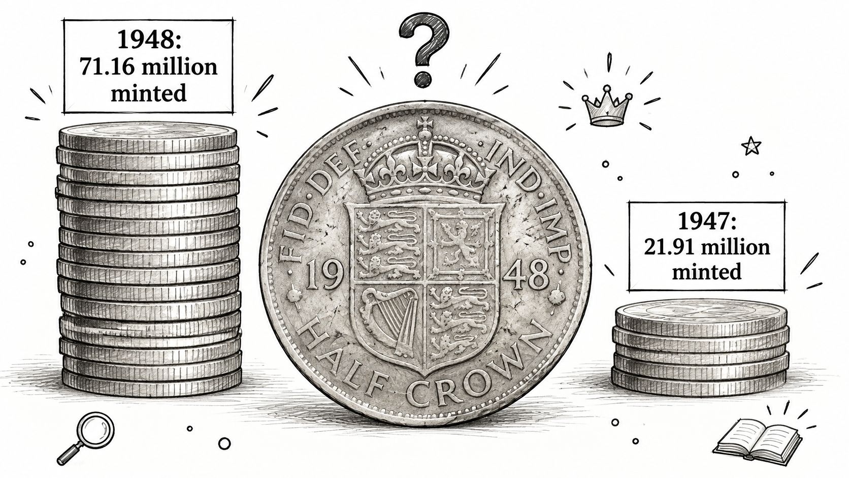 A detailed illustration comparing mintage figures of 1948 and 1947 British half crown coins.