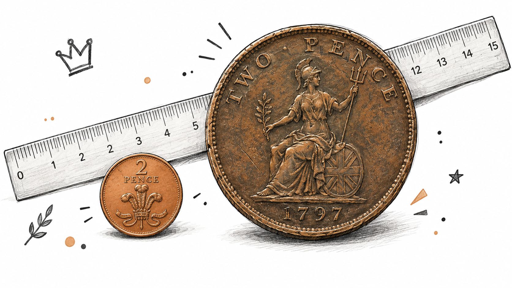 A modern 2p coin and a large 1797 two pence coin placed against a measuring ruler.
