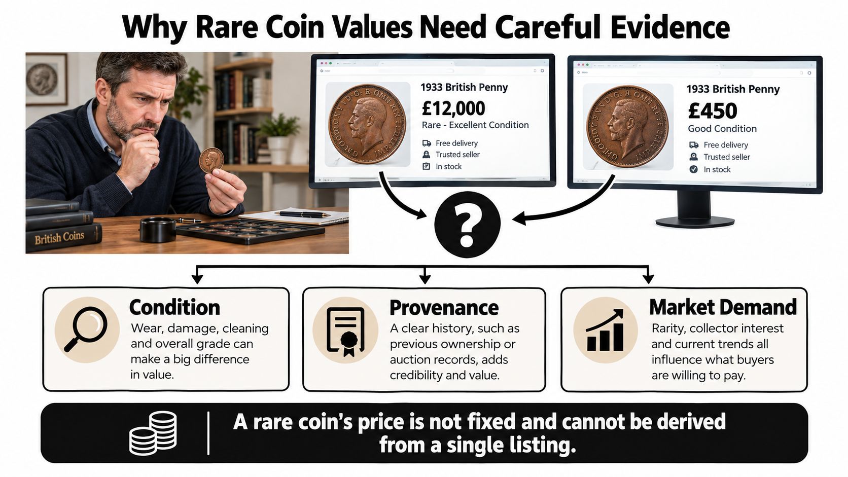 A man examines a rare coin, highlighting how condition and provenance determine the market value of collectibles.