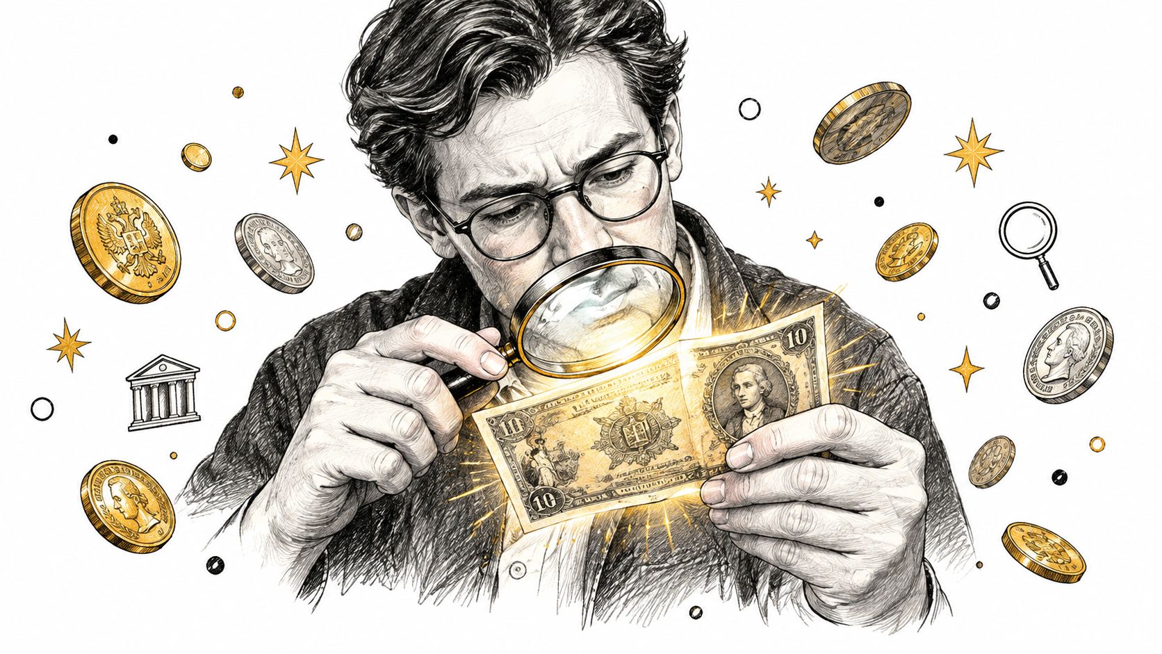 A man in glasses carefully examines a detailed 10 dollar banknote with a magnifying glass.