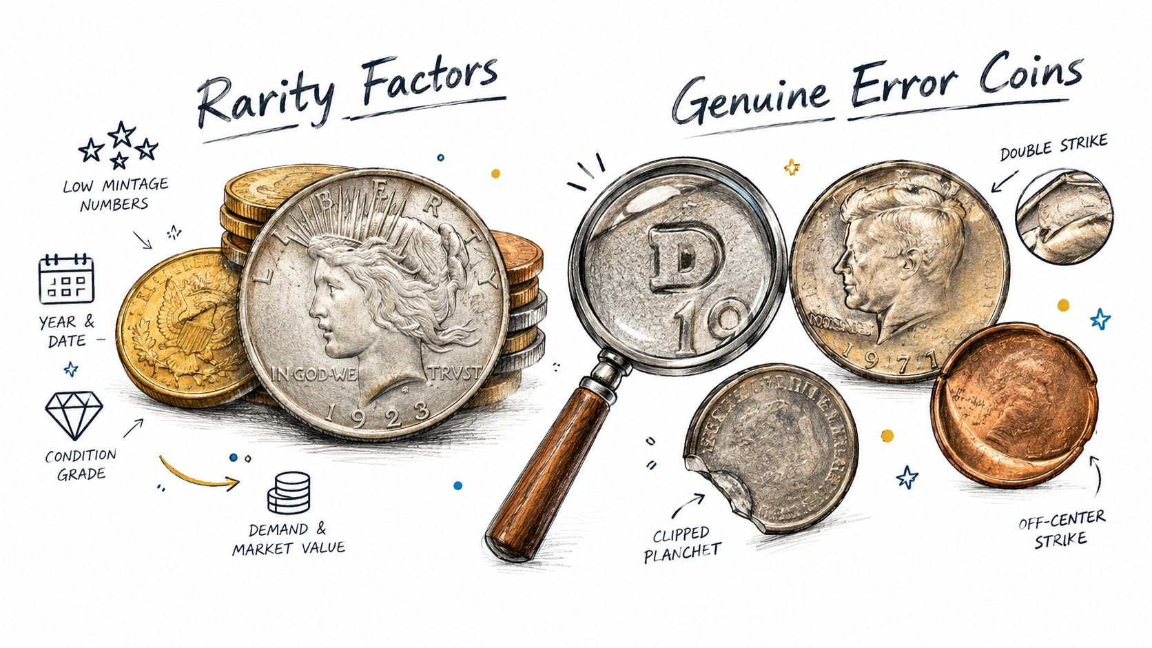 An educational illustration explaining factors of coin rarity and examples of genuine error coins like off-center strikes.