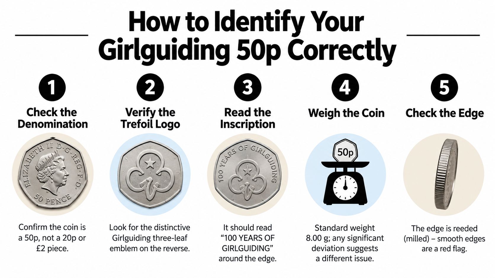 A five-step instructional guide on how to verify the authenticity of a Girlguiding 50p coin.