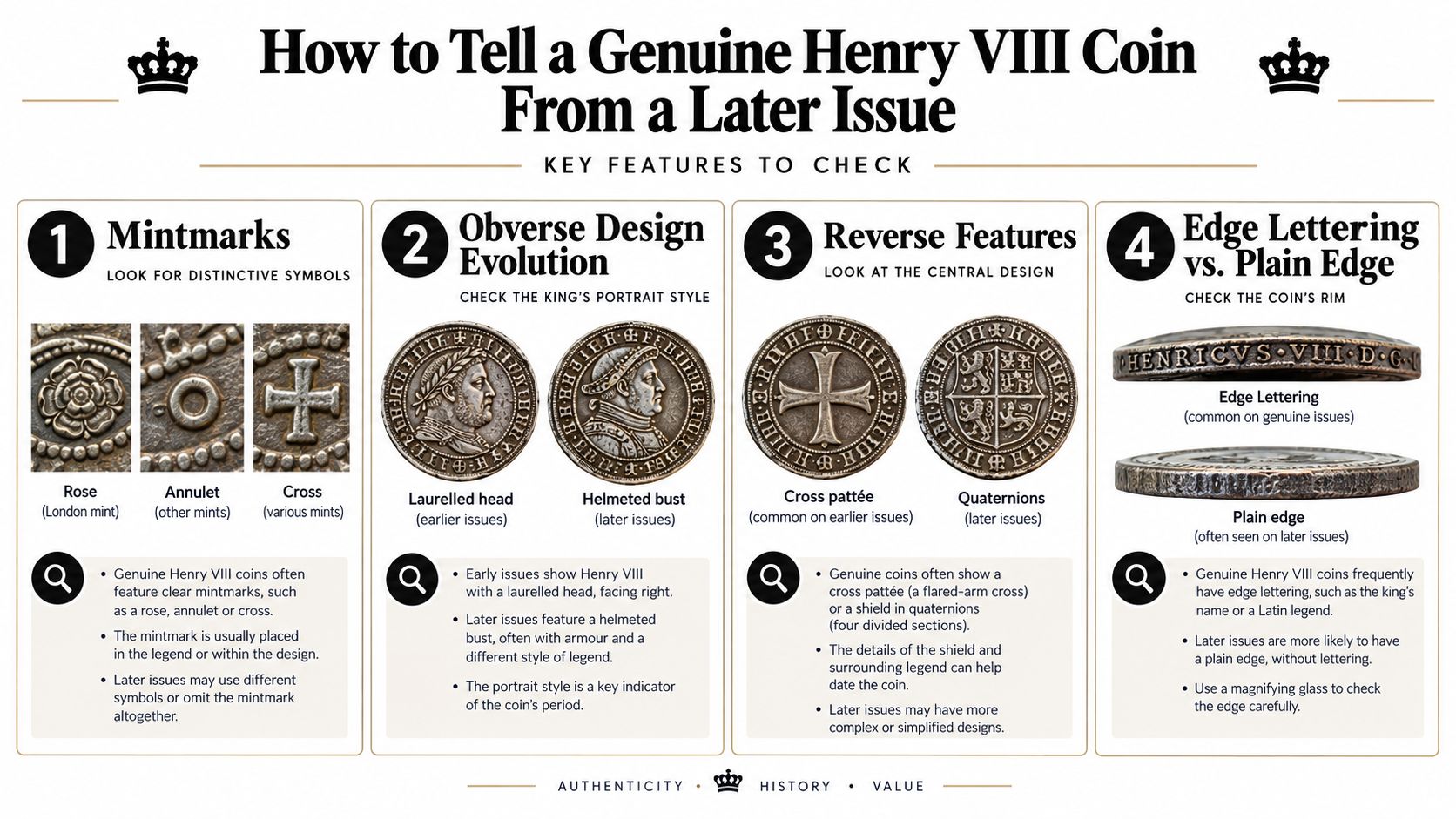 An infographic guide illustrating key features to identify genuine Henry VIII coins compared to later issues.