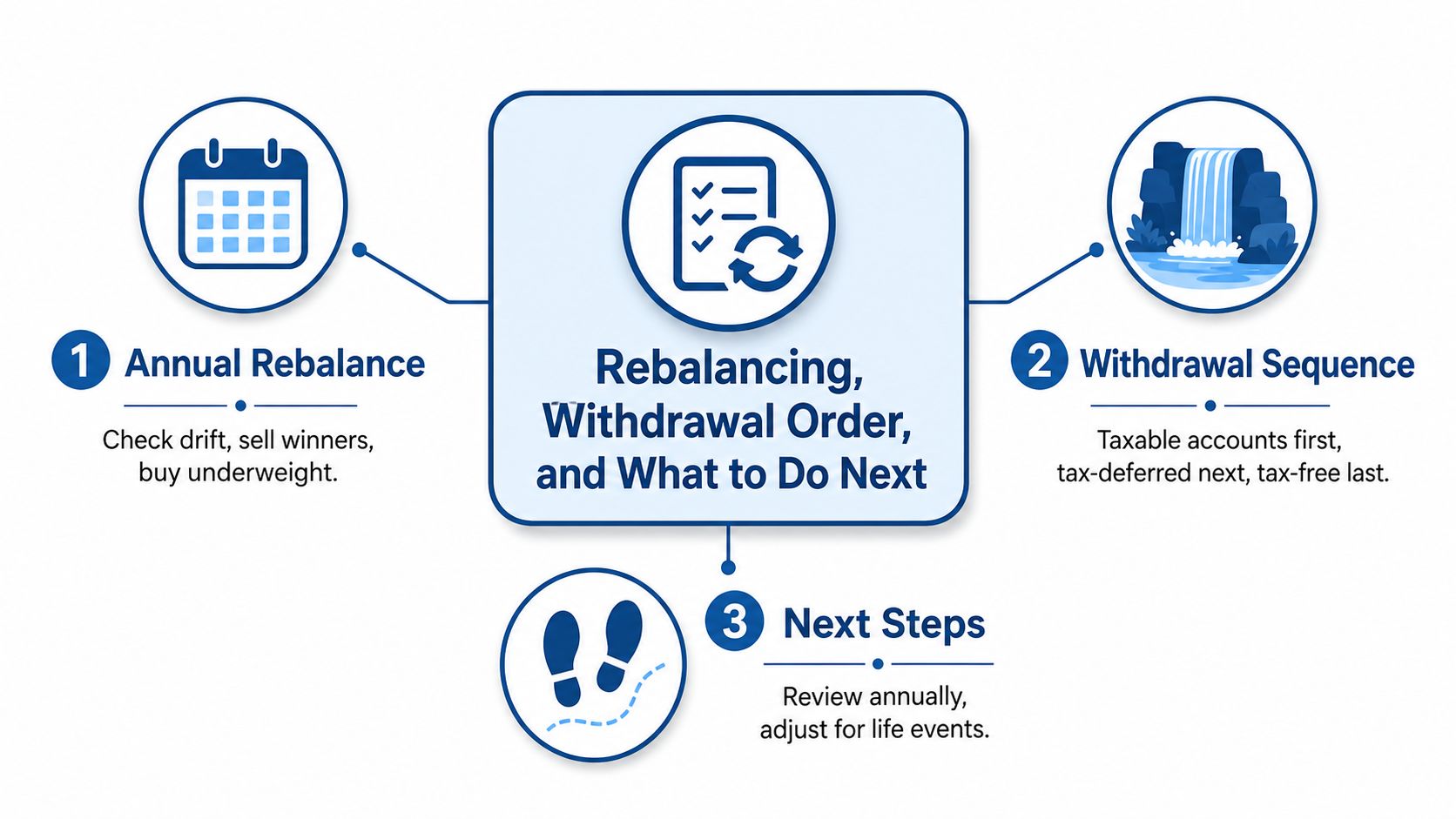 A diagram outlining the financial process of annual portfolio rebalancing, withdrawal sequencing strategies, and necessary future planning.