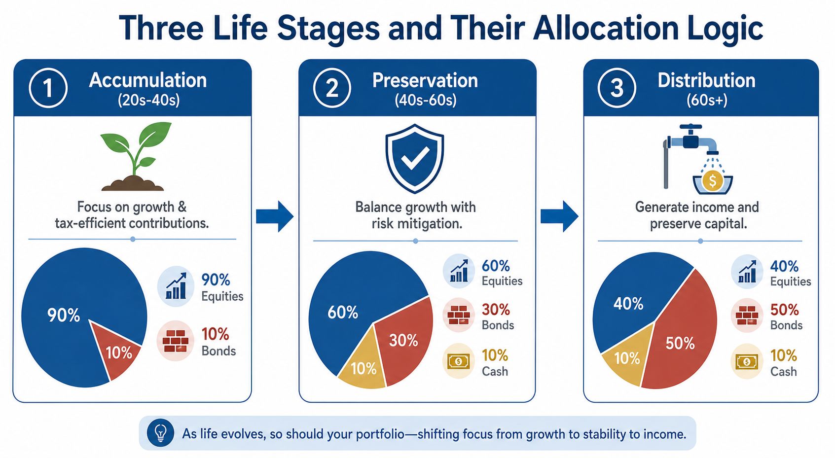 A diagram illustrating three investment life stages: accumulation, preservation, and distribution, showing portfolio allocation shifts by age.