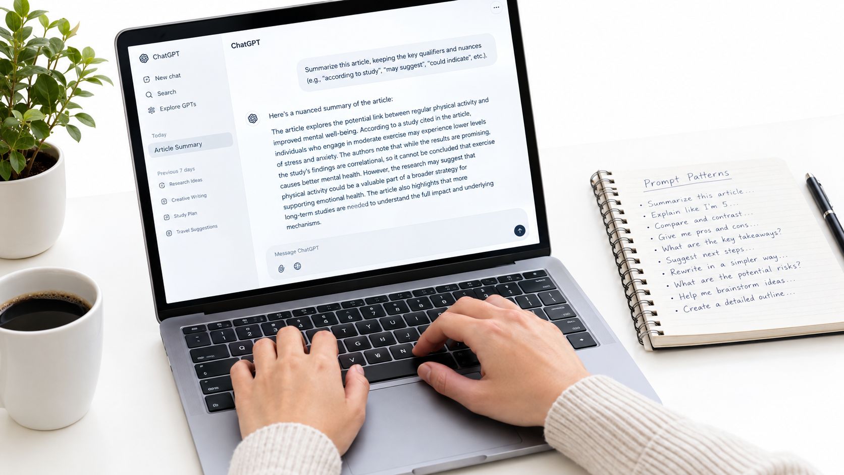 A person typing on a laptop displaying a ChatGPT screen with a notepad of prompt ideas nearby.