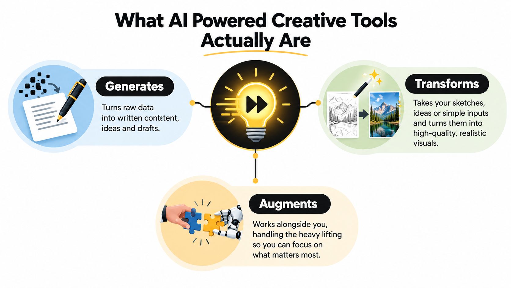 An infographic illustrating three key functions of AI-powered creative tools: generating content, transforming visuals, and augmenting workflows.