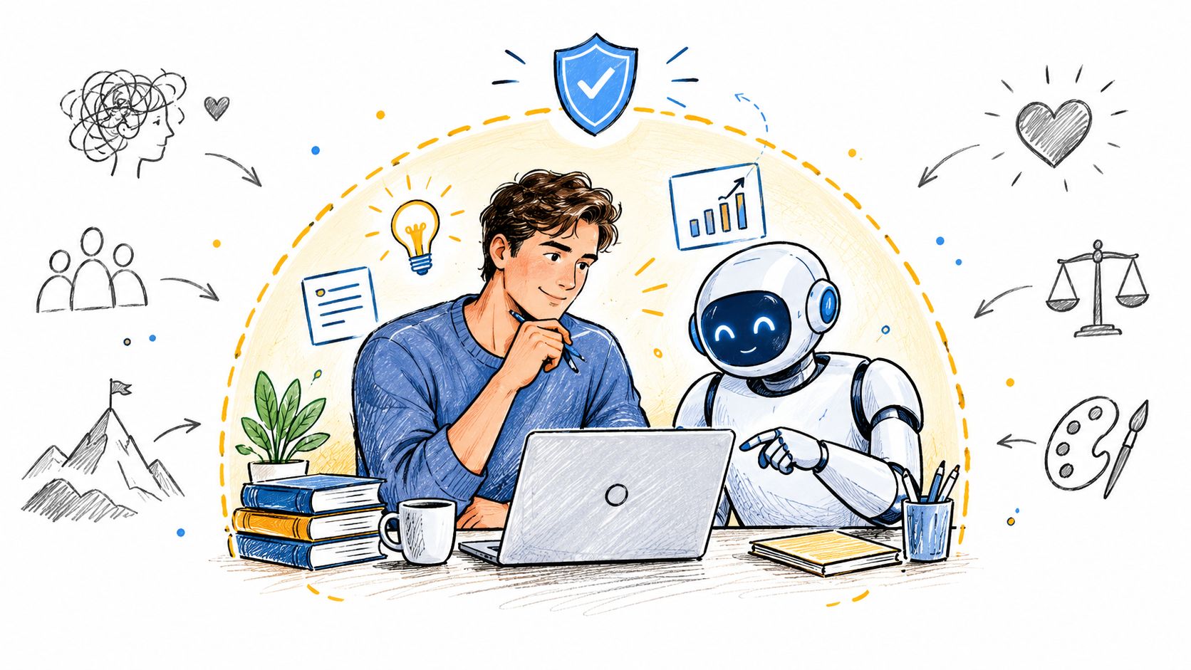 A young man sitting at a desk with a friendly robot, collaborating on a laptop together.