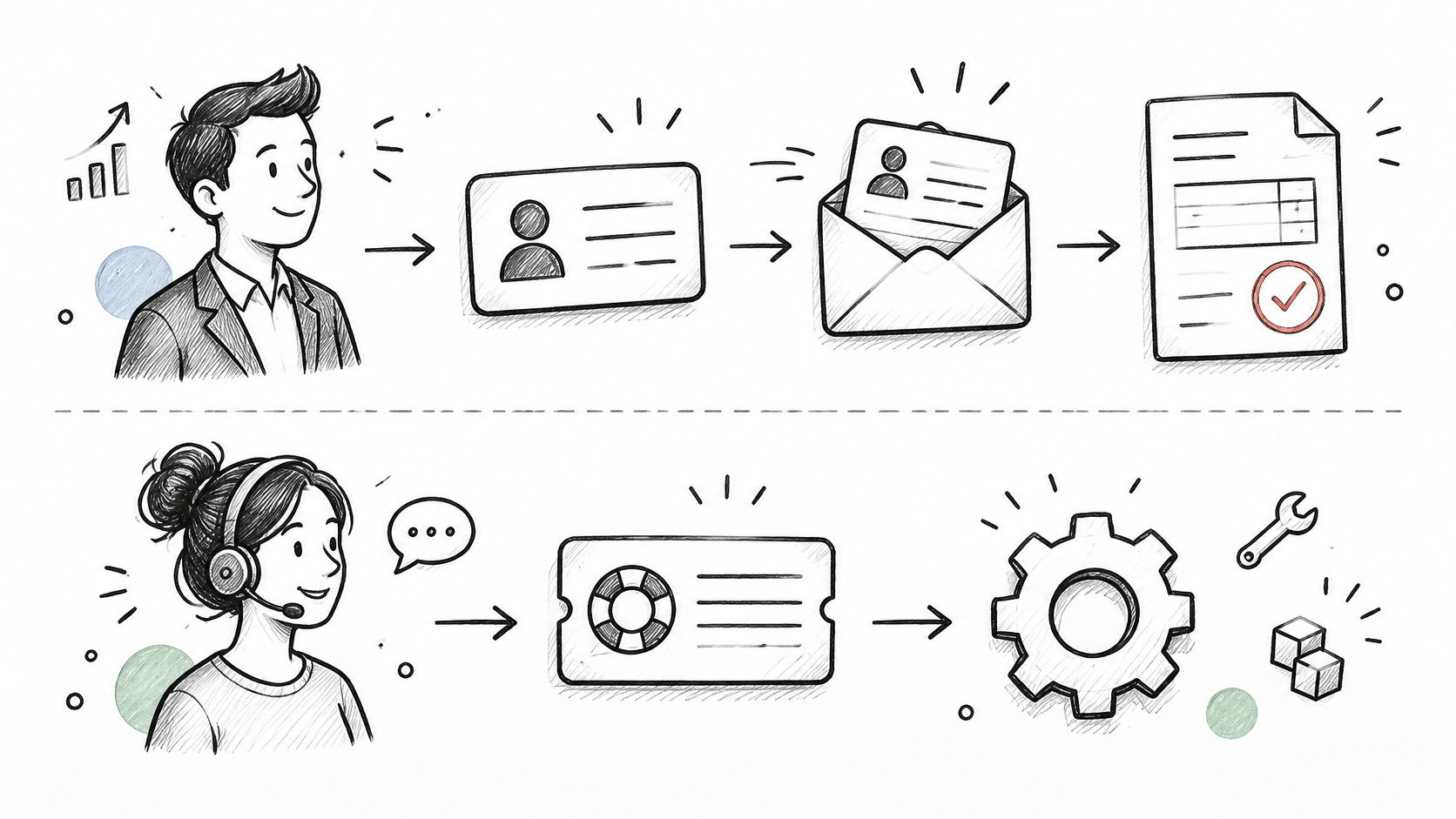 A hand-drawn sketch illustrating two business workflows: one showing customer onboarding and the other representing support ticketing.