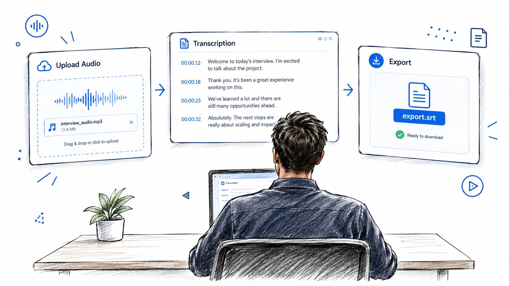 Screenshot from https://placehold.co/1200x800/png?text=Zemith+transcription+workspace+with+timestamped+blocks+and+export+menu