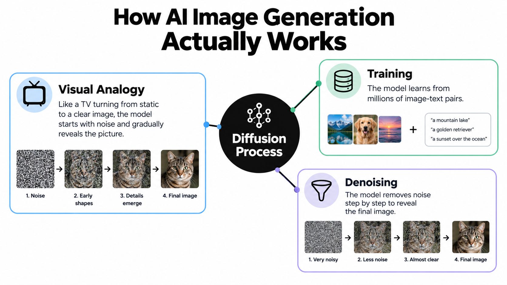 A diagram explaining the diffusion process of how AI image generators create clear pictures from random noise.