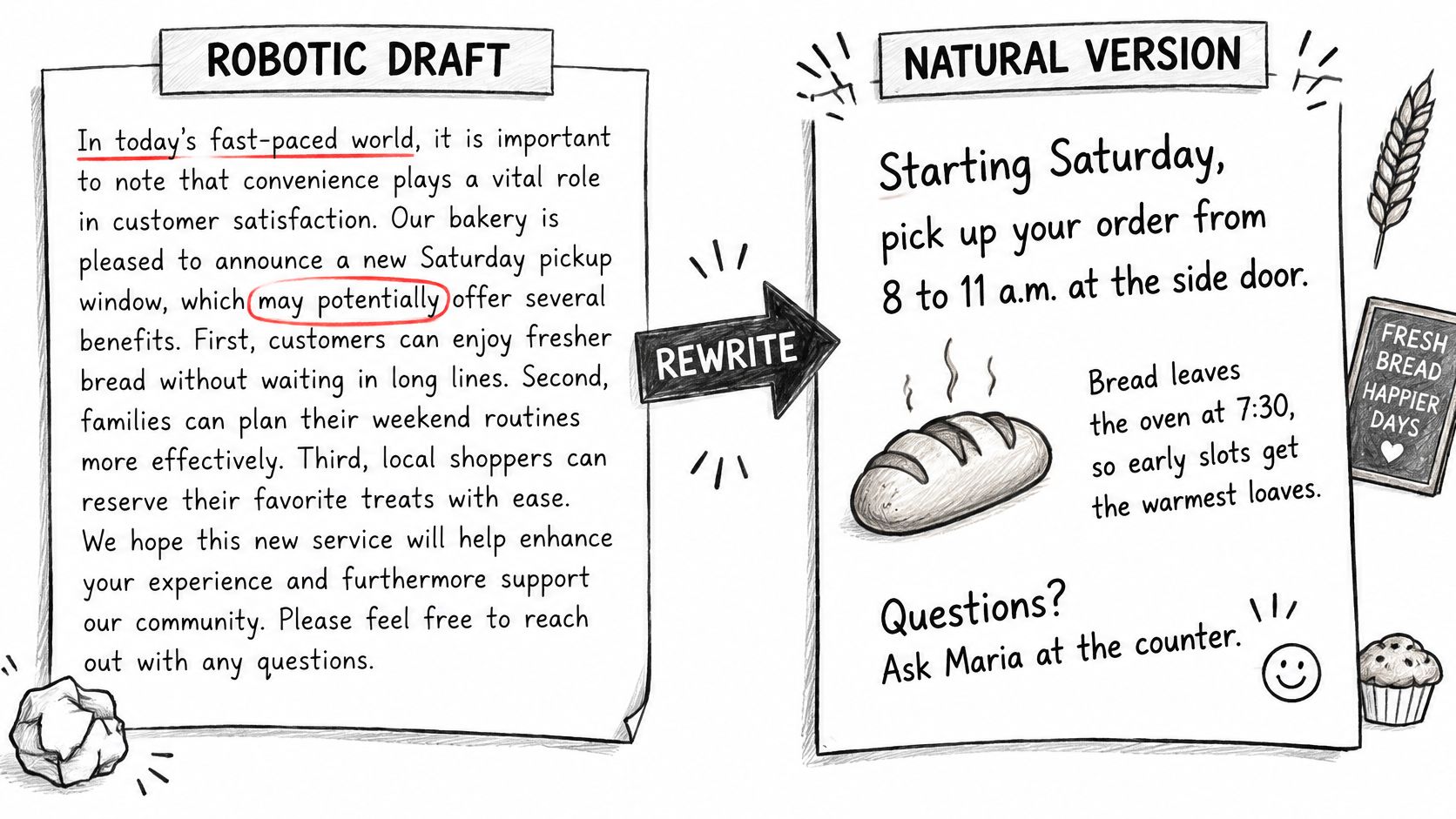 A comparison showing a wordy robotic draft being rewritten into a concise, natural, and friendly announcement.