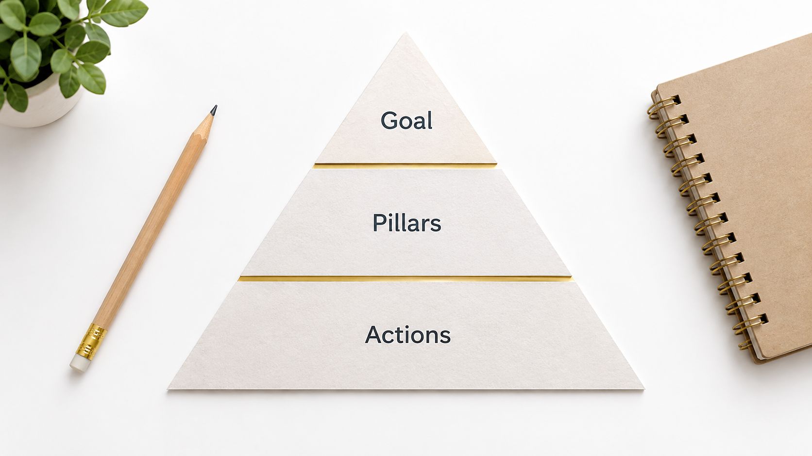 A pyramid diagram on a white desk with a notebook and pencil illustrating goal setting framework levels.