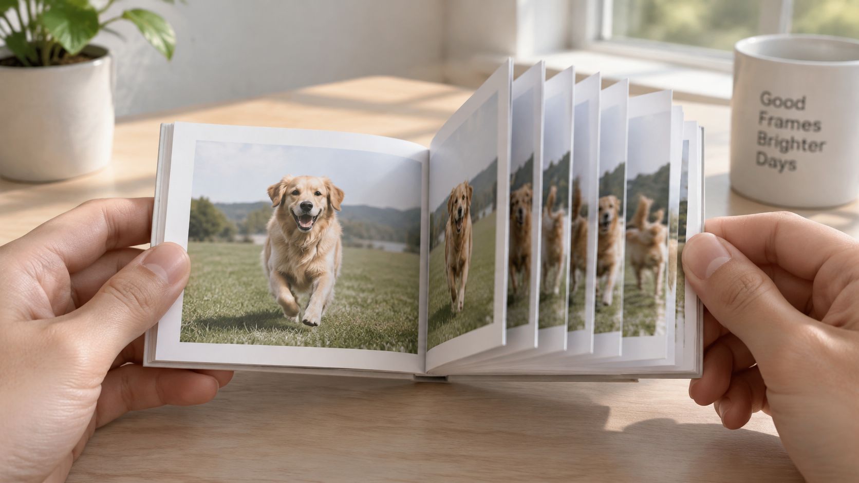 A person holding a small flipbook showing a golden retriever running through a green grassy field.