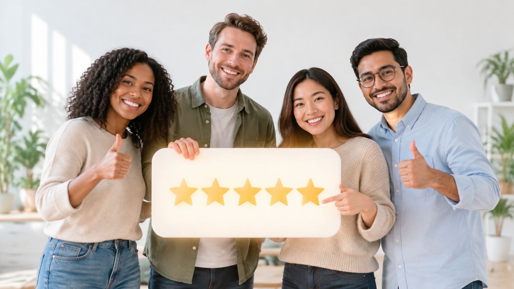A diverse group of four smiling people holding a sign with five golden stars to show approval.