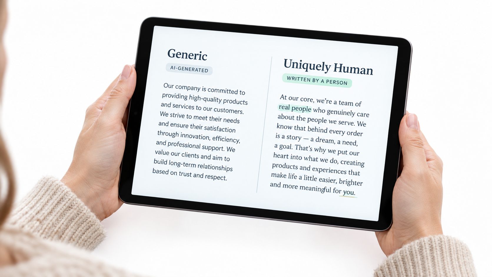 A person holding a tablet displaying a side-by-side comparison of AI-generated versus human-written professional copy.