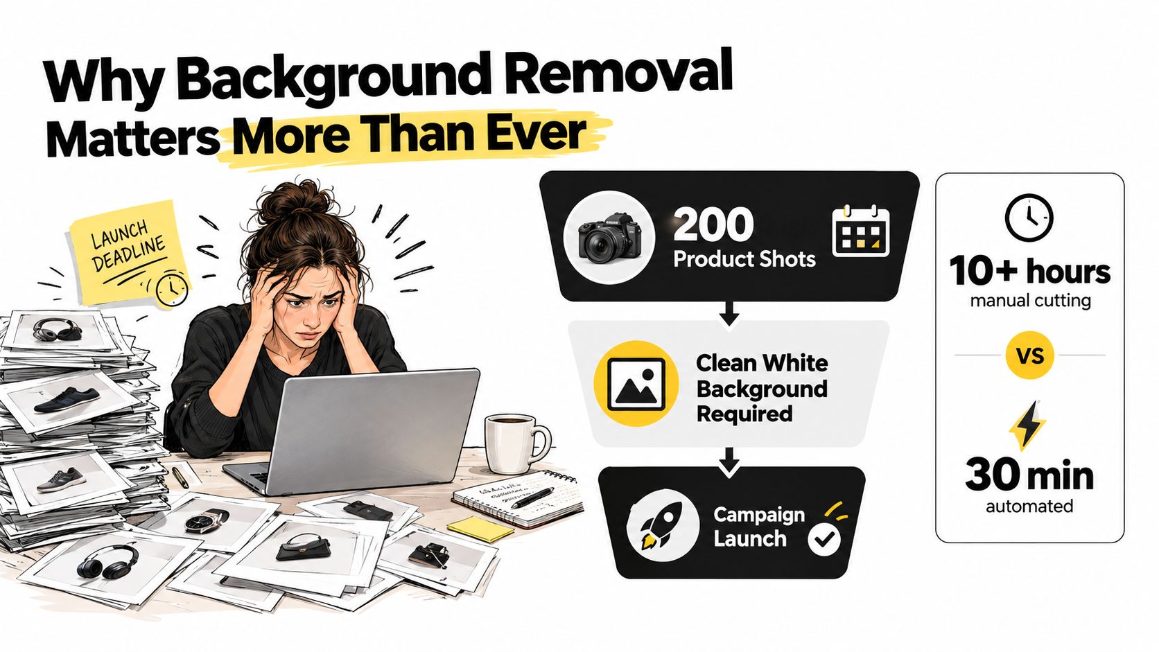 Stressed person working at a laptop surrounded by product photos, illustrating efficient automated background removal versus manual effort.