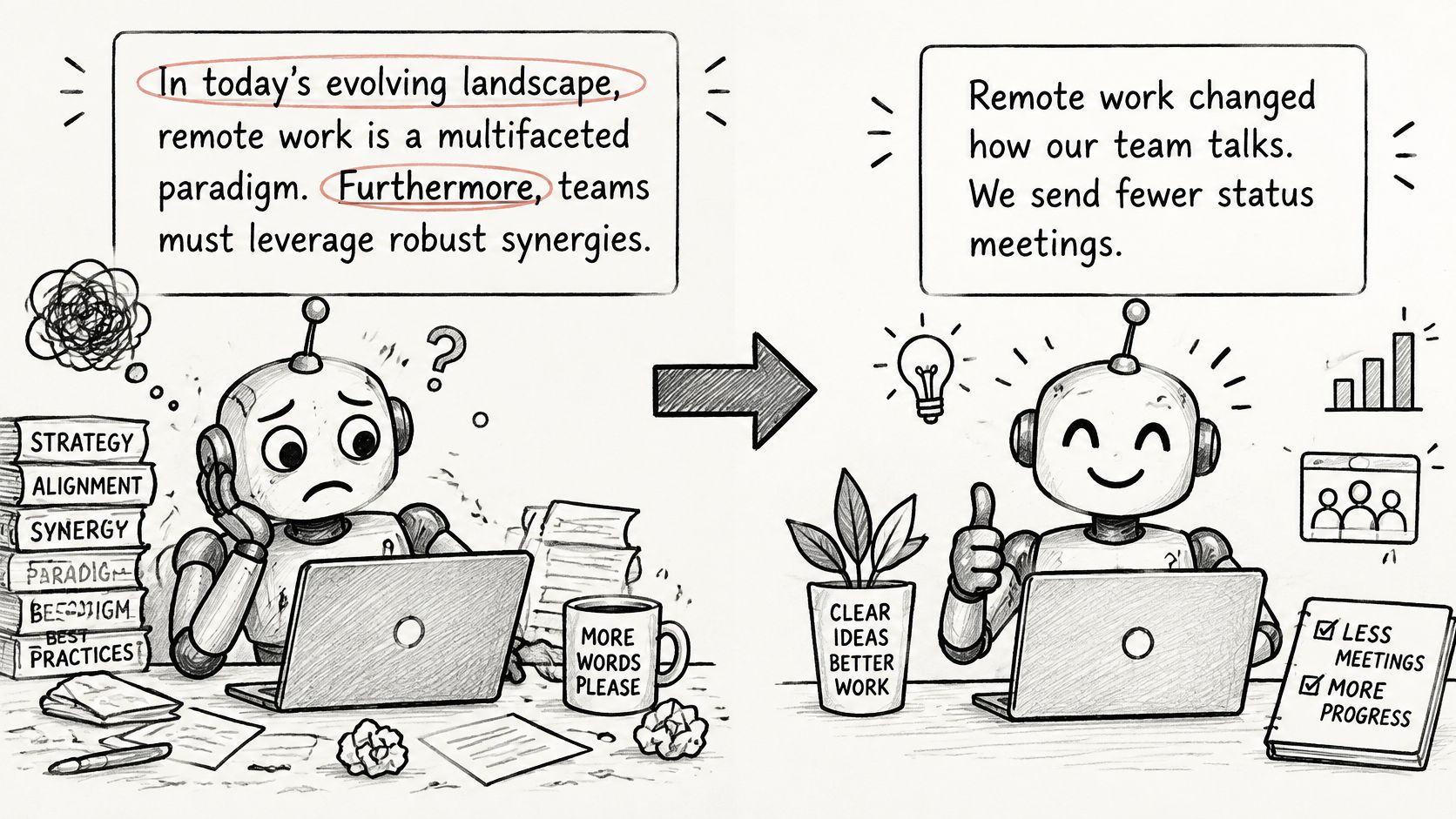 A split-screen illustration showing a confused robot writing jargon versus a happy robot writing clear content.