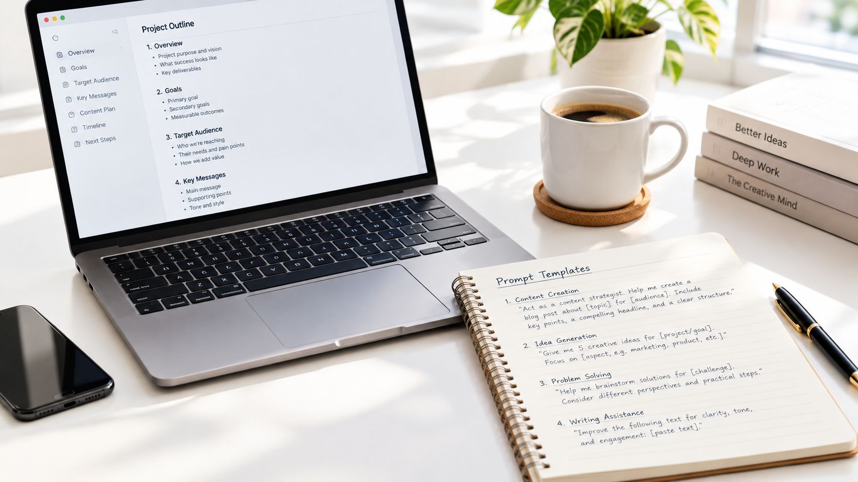 A modern workspace with a laptop displaying a project outline next to a notebook with prompt templates.