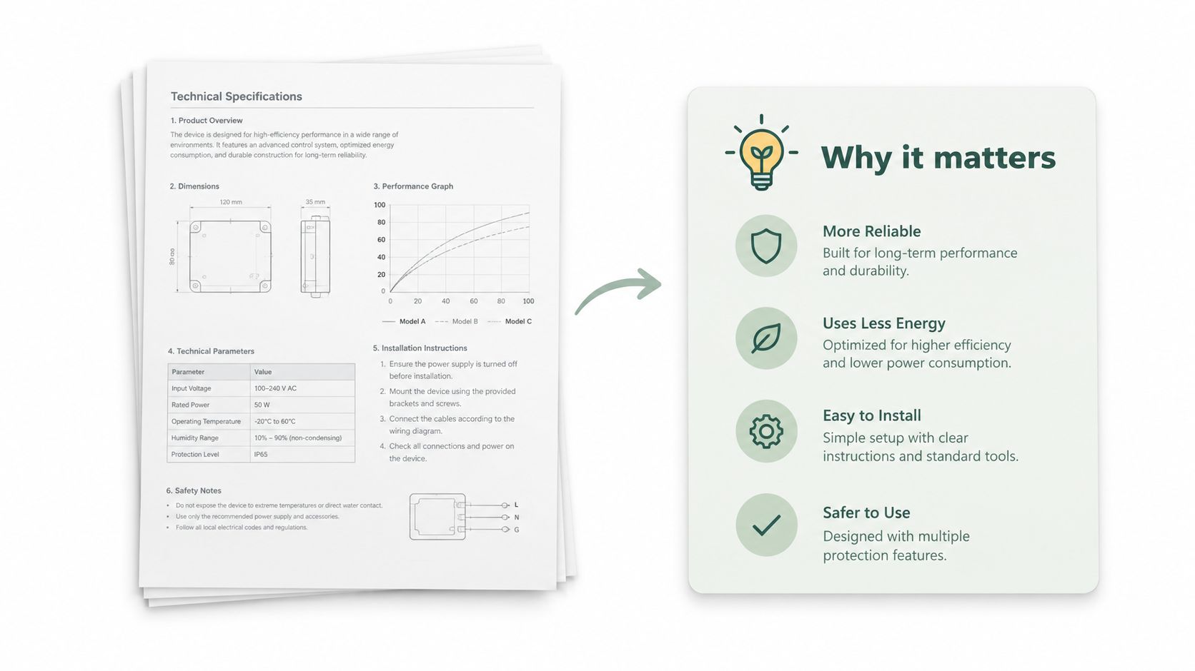 A document displaying technical specifications, performance graphs, installation instructions, and key benefits of an electronic device.