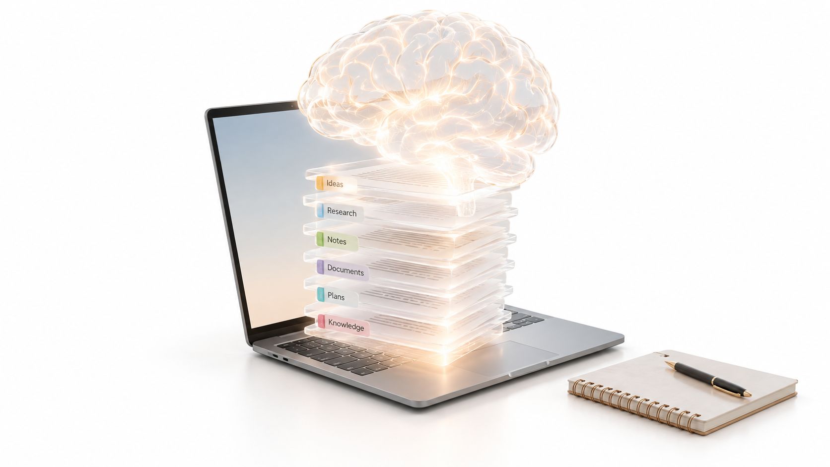 A glowing digital brain hovering above a laptop screen, organizing organized stacks of documents and files.