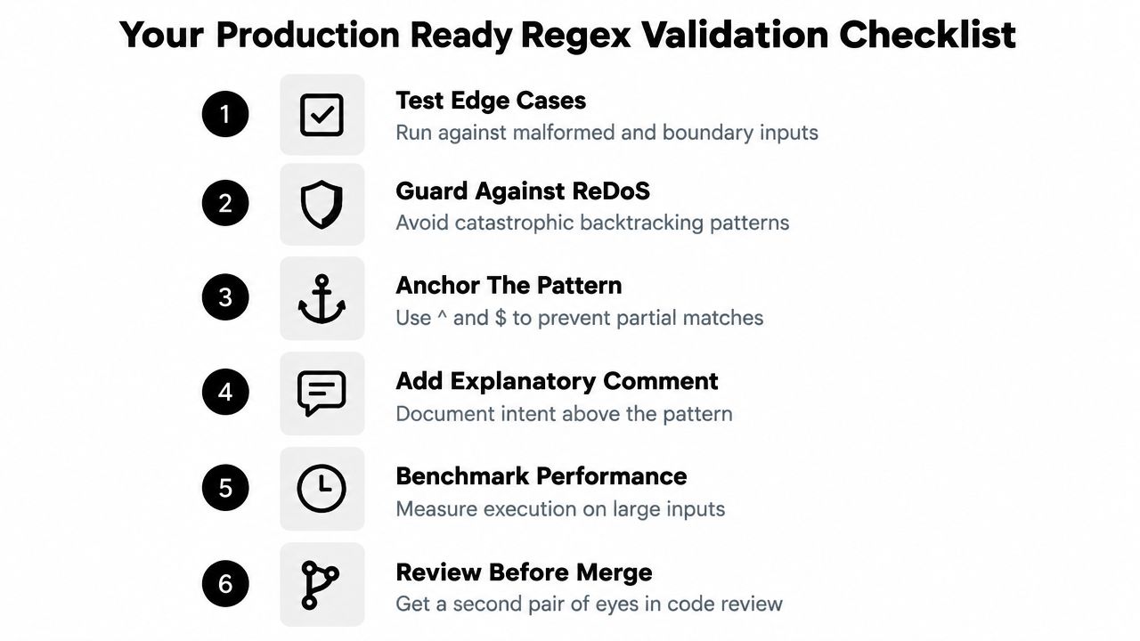 A checklist for creating production-ready regular expressions, highlighting six essential steps for developers and programmers.