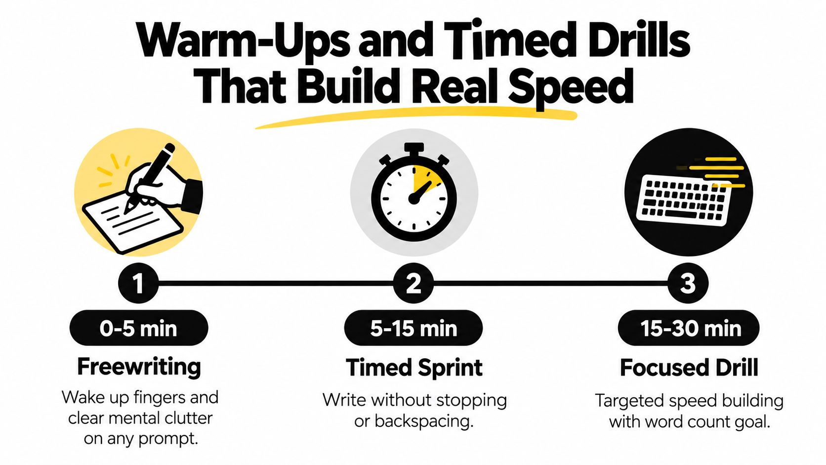 A diagram illustrating three sequential steps for warm-ups and timed drills to improve writing speed and performance.