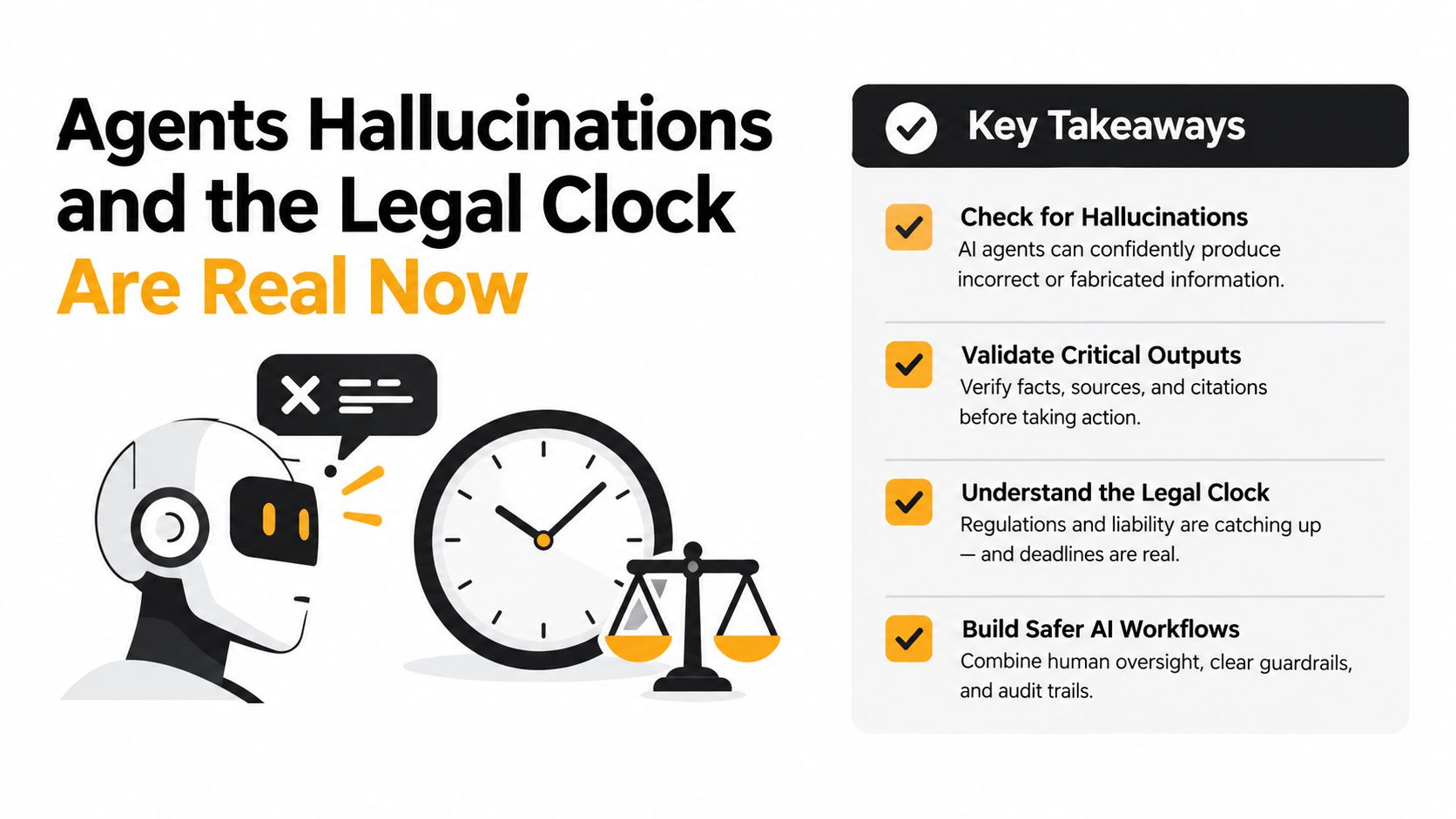 An infographic titled Agents Hallucinations and the Legal Clock featuring a robot icon and four safety tips.