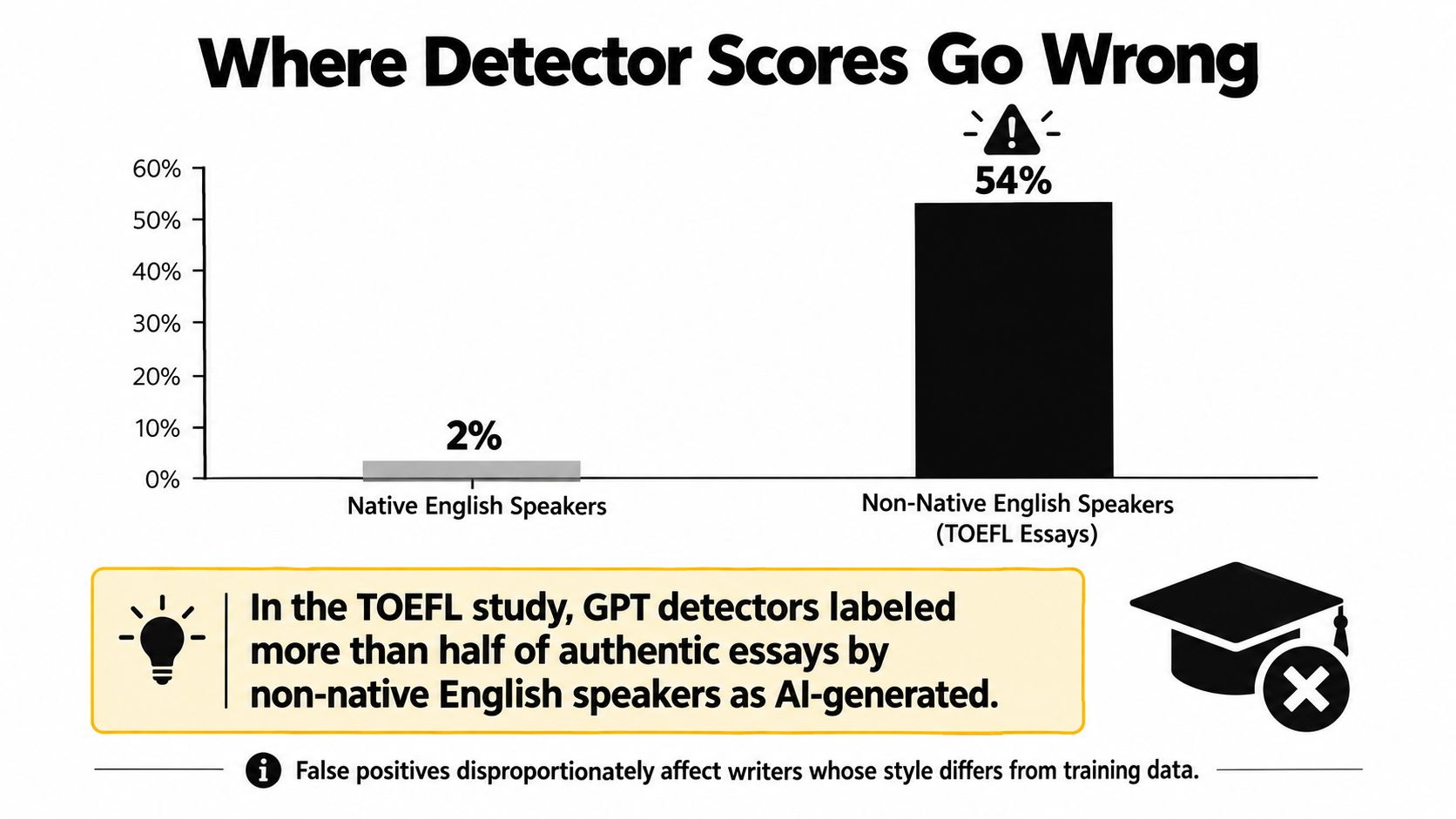 A bar chart showing that AI detectors incorrectly flag 54 percent of non-native English writing as AI-generated.