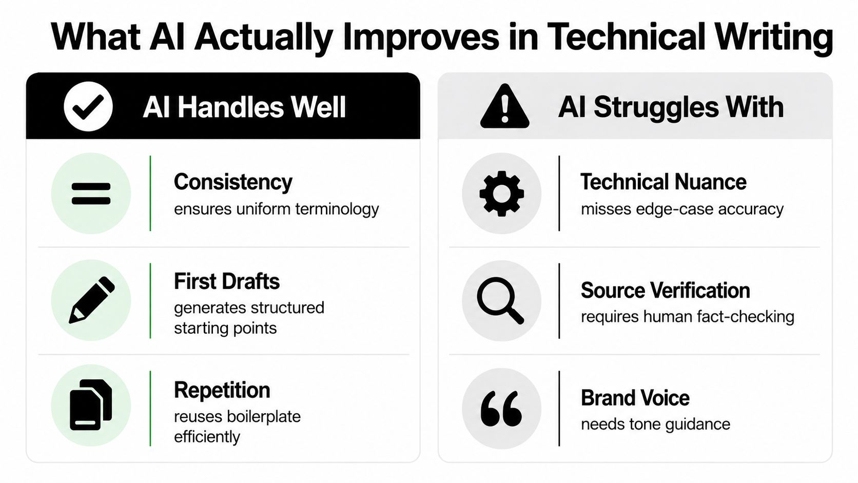 A comparison chart showing how AI improves technical writing in consistency, drafting, and repetition versus its challenges.