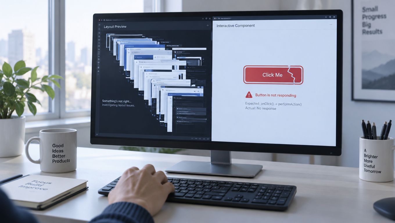 A developer working at a desk using a monitor displaying a software layout and debugging error messages.
