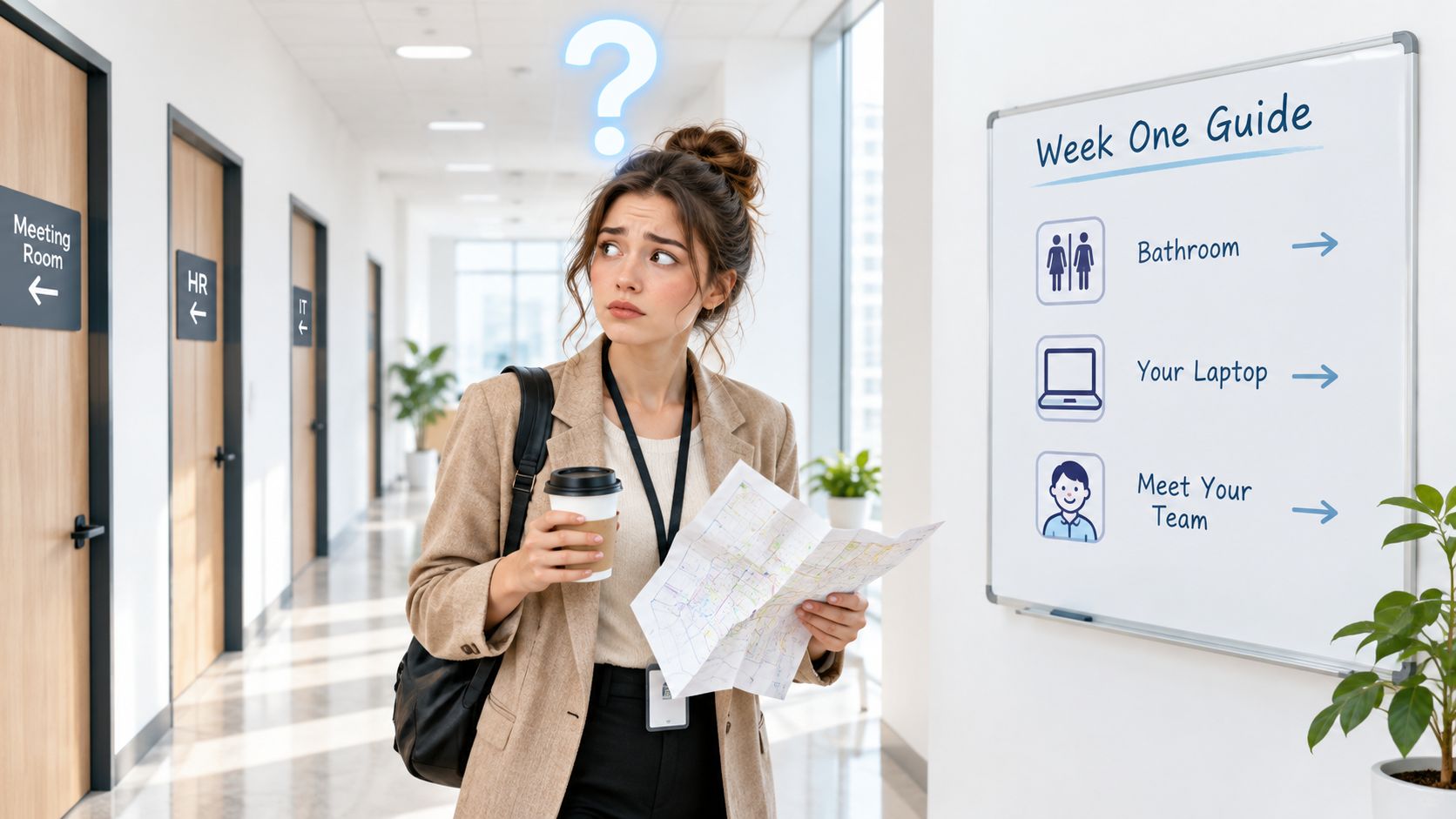 A confused new employee standing in an office hallway holding a paper map with a question mark above.