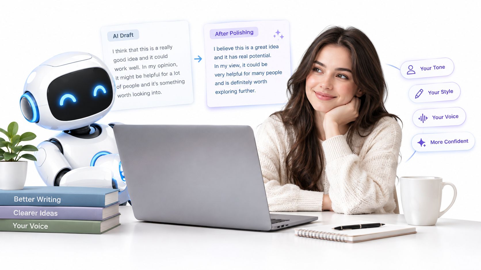 A happy woman sitting at a desk with a laptop and an AI robot assistant helping her write.