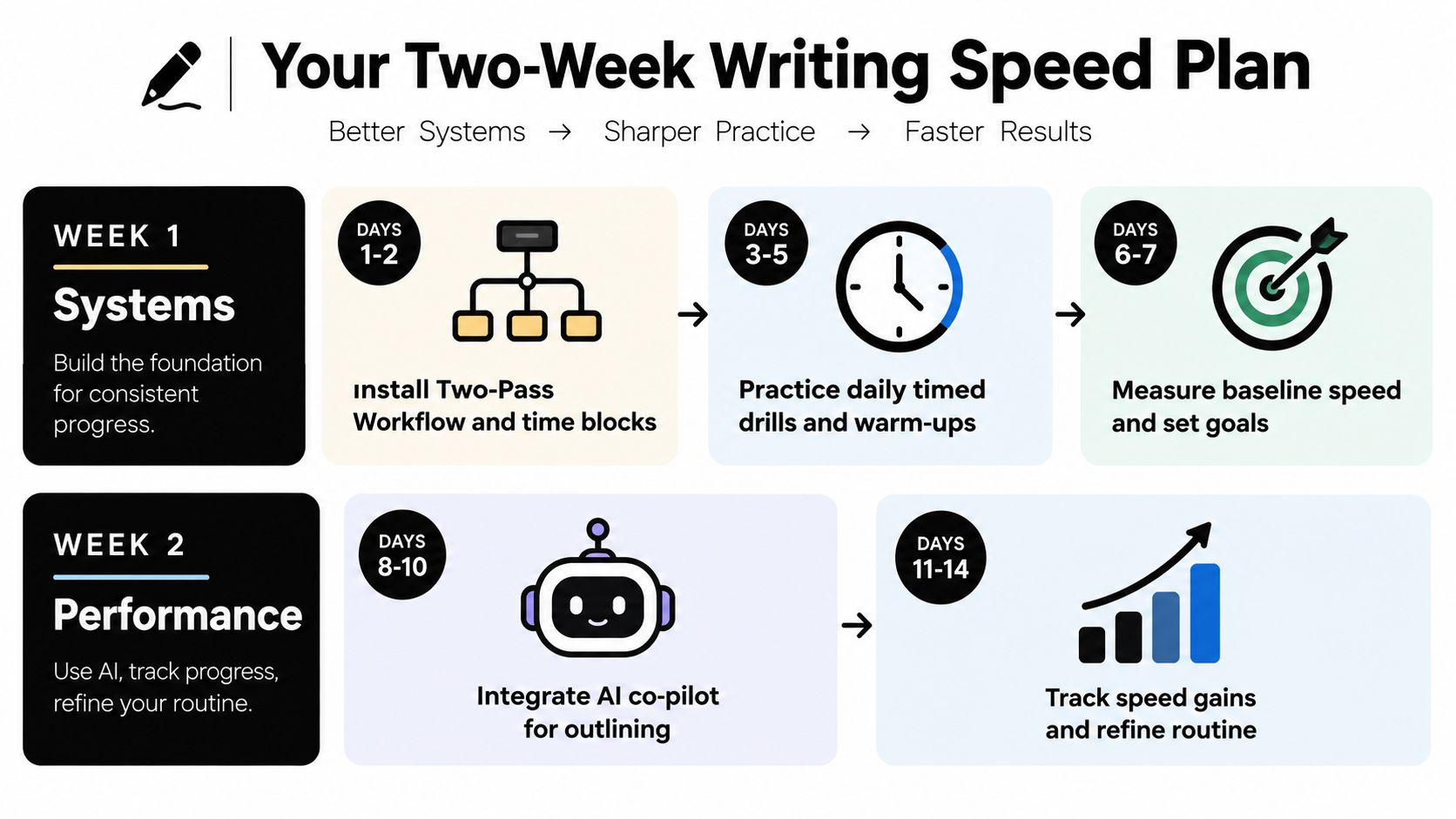 A two-week infographic plan for improving writing speed, covering systems for week one and performance for week two.
