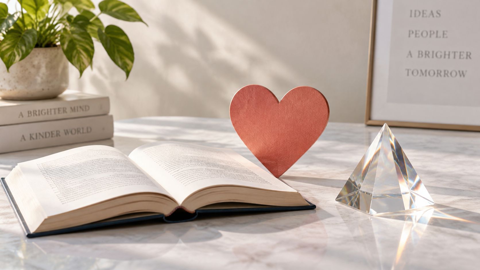 An open book sits on a marble table next to a red heart and a crystal pyramid.