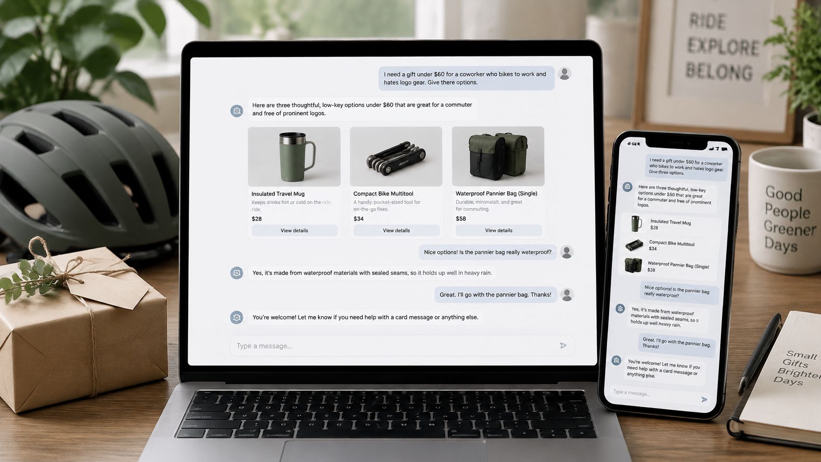 A laptop and smartphone displaying an AI shopping assistant conversation about cycling gifts on a desk.