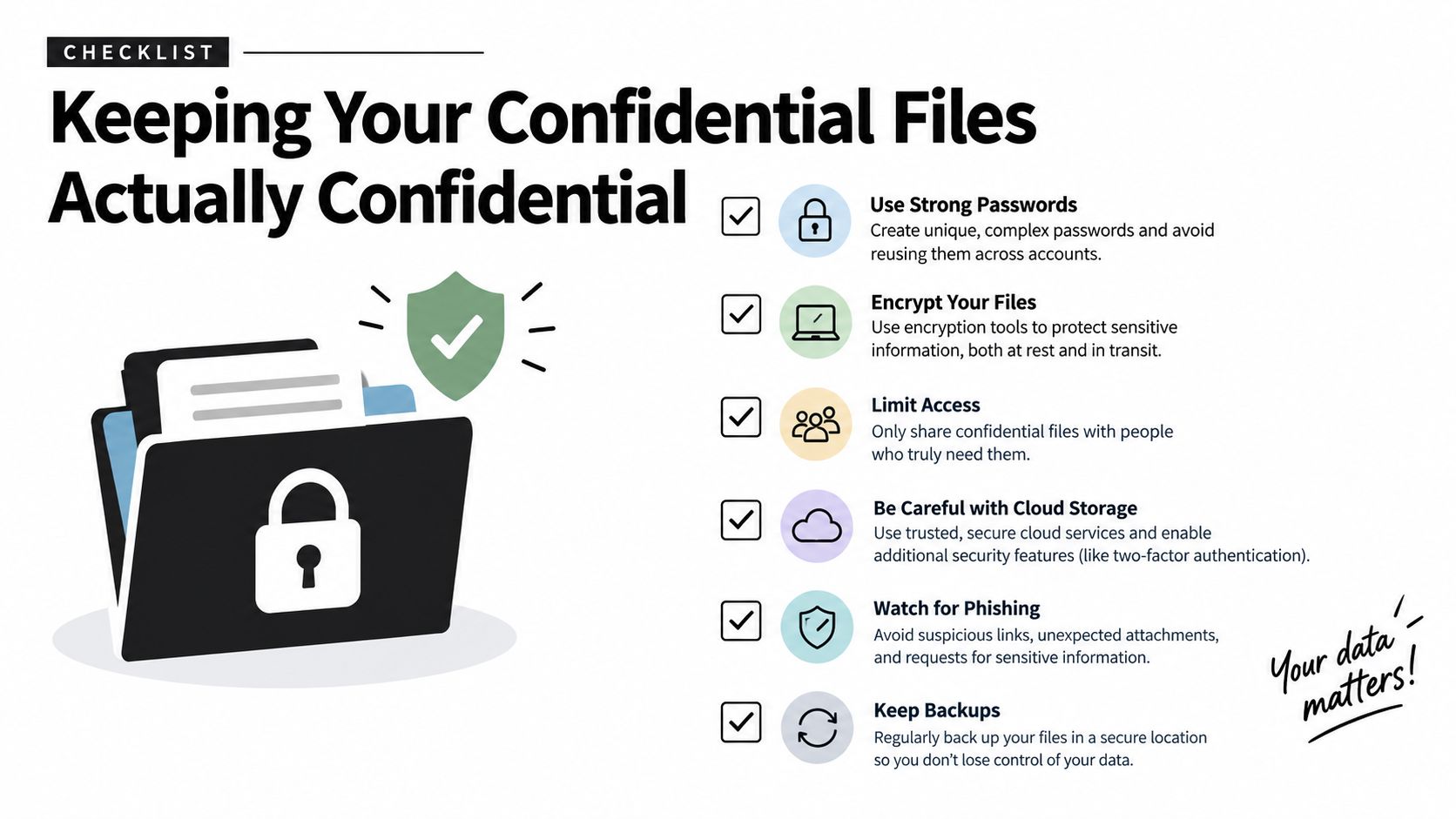 A checklist infographic titled Keeping Your Confidential Files Actually Confidential with six security tips and icons.