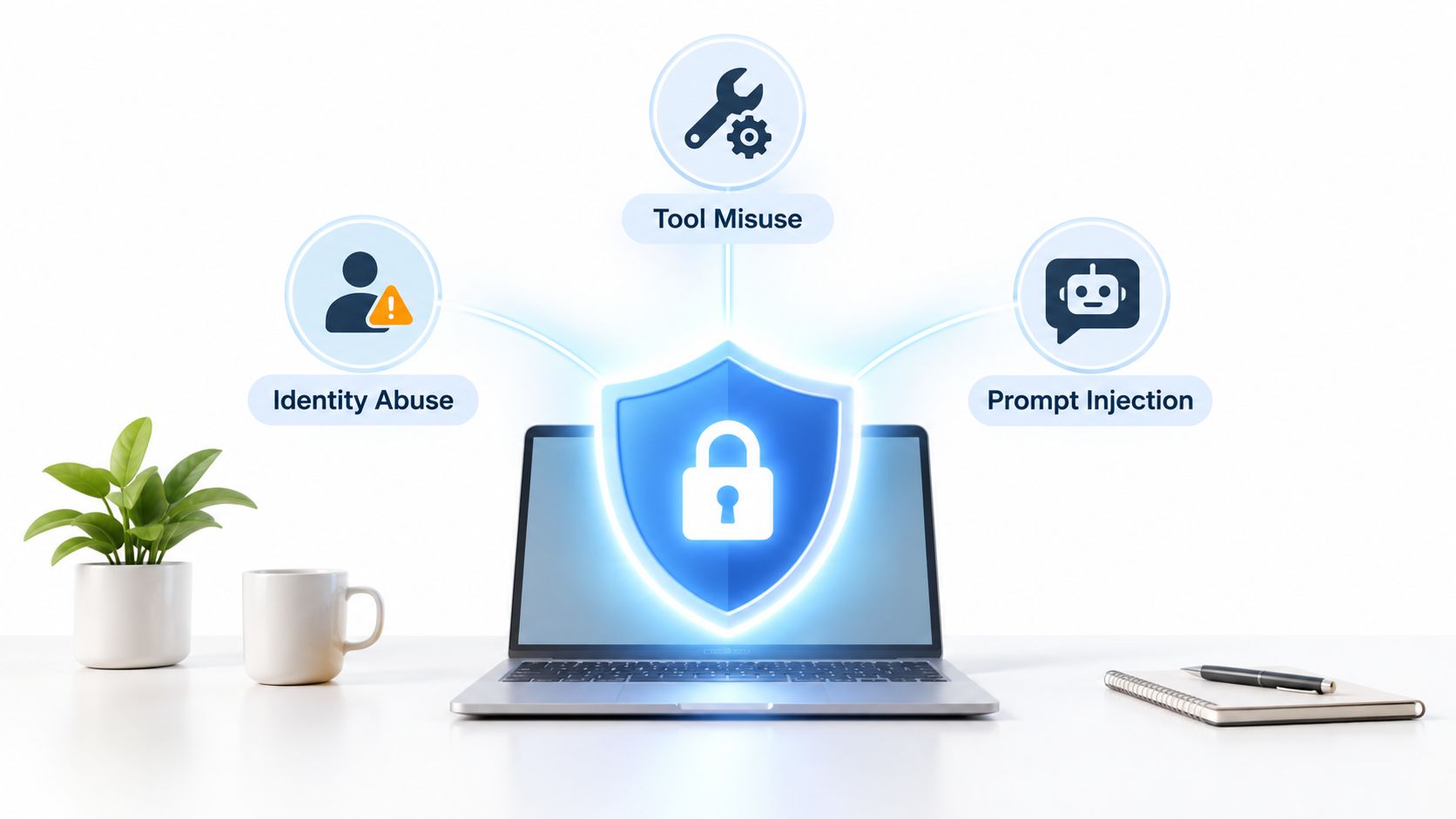 A digital graphic showing a laptop protected by a blue shield icon, representing AI security risks.