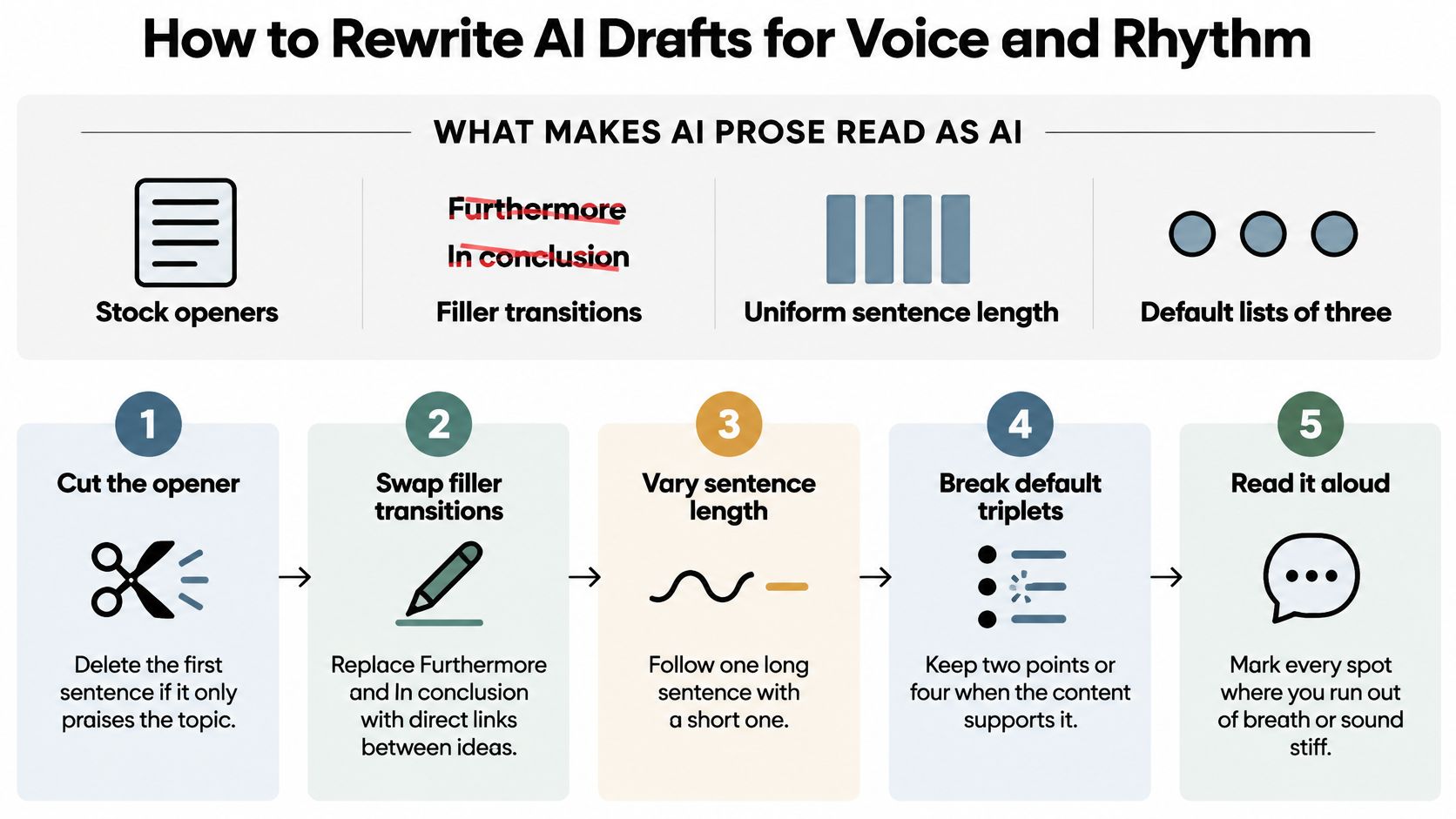 An infographic titled How to Rewrite AI Drafts for Voice and Rhythm showing five steps to improve writing.