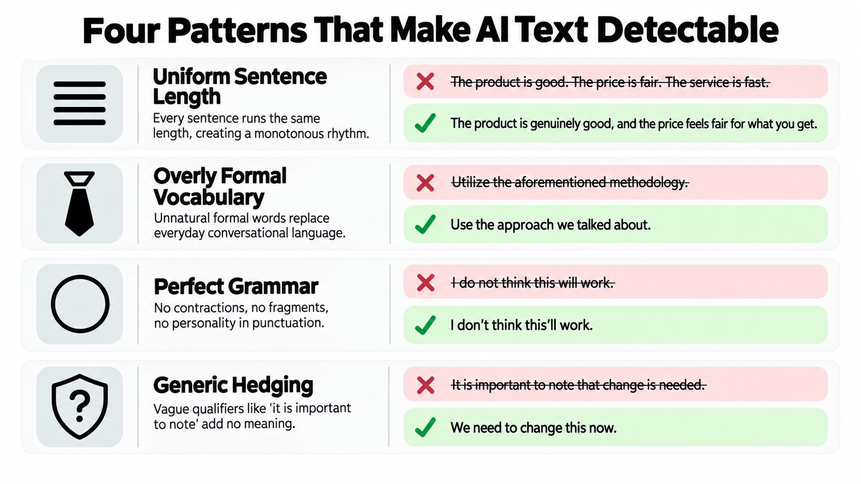 A visual guide outlining four key patterns that make AI-generated writing easy to detect and how to improve it.