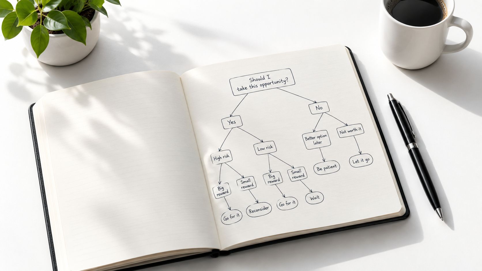 A flowchart on a notebook page guiding the decision-making process for taking an opportunity, placed on a desk.