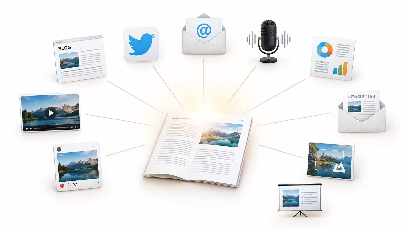 An open book in the center connected to various digital media icons illustrating content repurposing strategies.