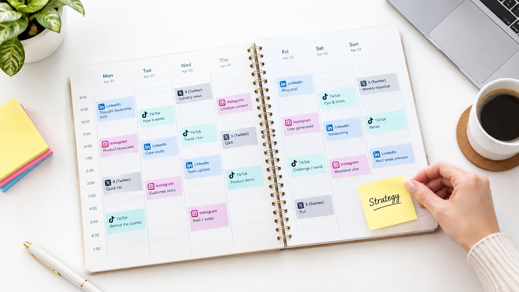 A social media content planner calendar spread on a desk with a hand holding a strategy note.