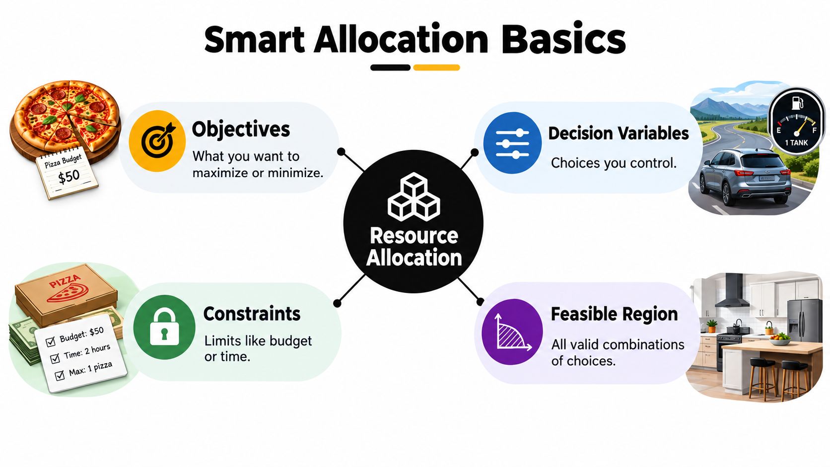 A diagram titled Smart Allocation Basics illustrating the four components of resource allocation: objectives, decision variables, constraints, and feasible region.